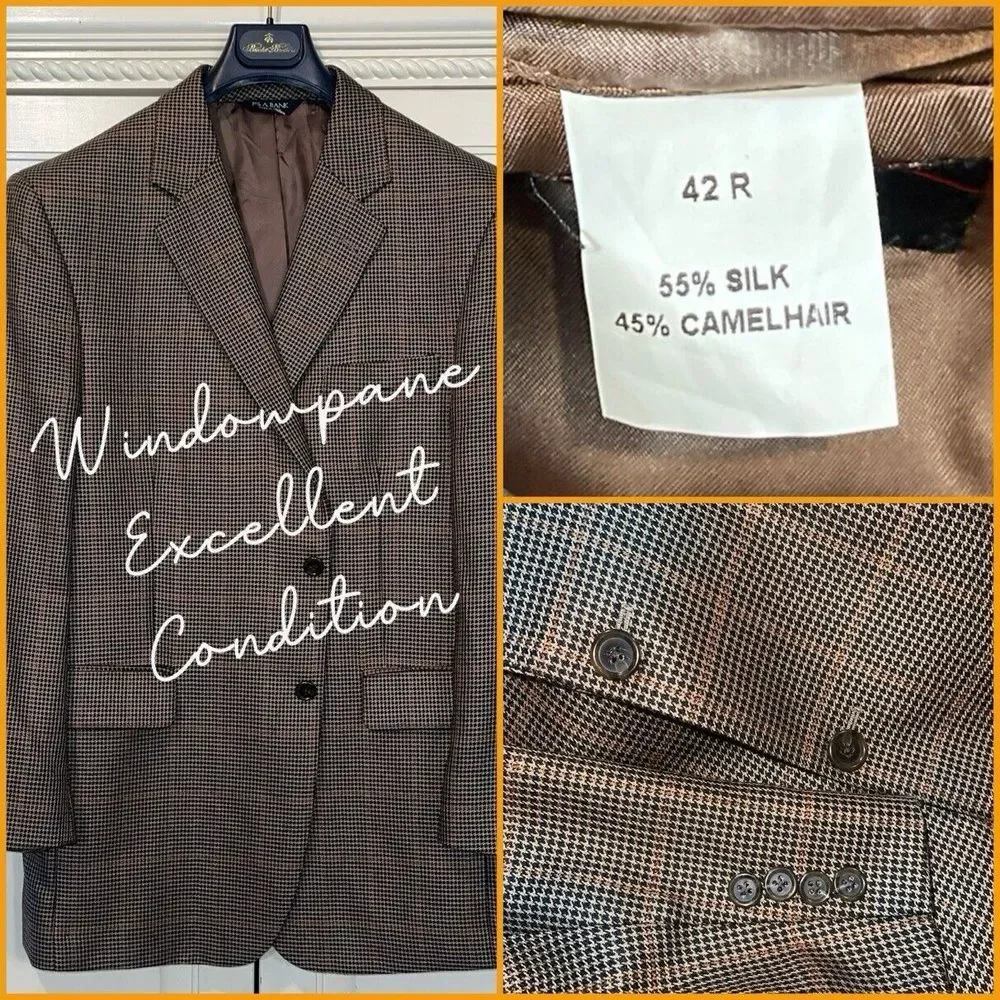 Jos‎ A Bank Blazer Men 42R 55% Silk 45% Camel Hair Houndstooth Windowpane